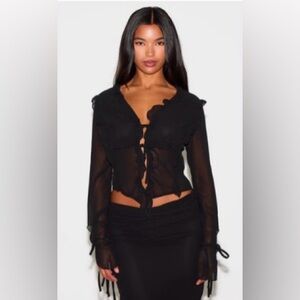 PrettyLittleThing BLACK CHIFFON RUFFLE TIE FRONT BLOUSE US SIZE 4